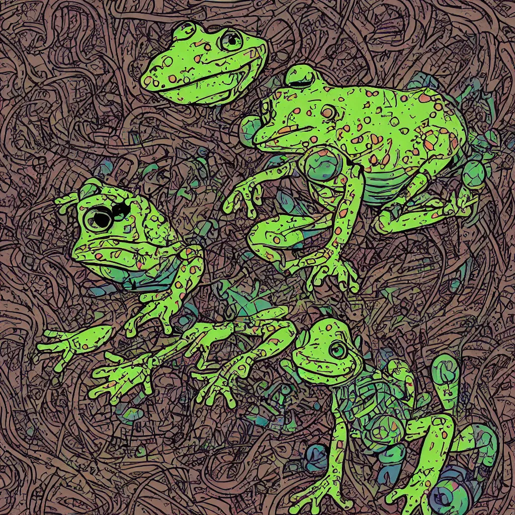 Image similar to toad head, ryuta ueda artwork, breakcore, style of jet set radio, y 2 k, gloom, space, cel - shaded art style, frogs, amphibians, sacred geometry, data, minimal, code, cybernetic, dark, eerie, cyber