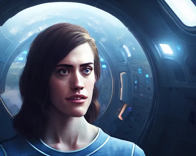 Image similar to highly detailed portrait of allison williams as an android in a space shuttle, in detroit : become human, stephen bliss, unreal engine, fantasy art by greg rutkowski, loish, rhads, ferdinand knab, makoto shinkai and lois van baarle, ilya kuvshinov, rossdraws, tom bagshaw, global illumination, radiant light, detailed and intricate environment