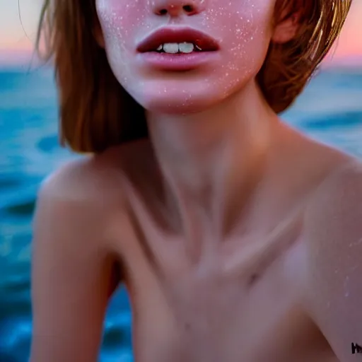 Image similar to beautiful serene intricate portrait of a cute thin young woman, red blush, cute freckles, smug smile, modern clothes, relaxing on the beach, golden hour, close up shot, soft focus, 8 k, art by irakli nadar, hyperrealism, hyperdetailed, ultra realistic