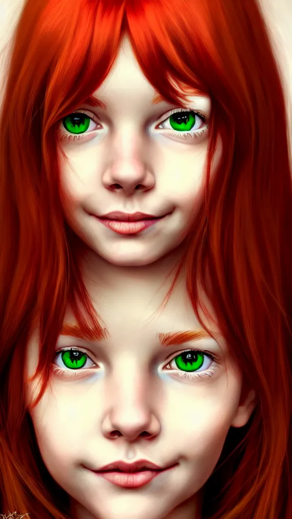 Prompt: a fantastic portrait photograph of a smiling girl with red hair and green eyes, symmetrical face, artstation, deviantart, hyperrealism