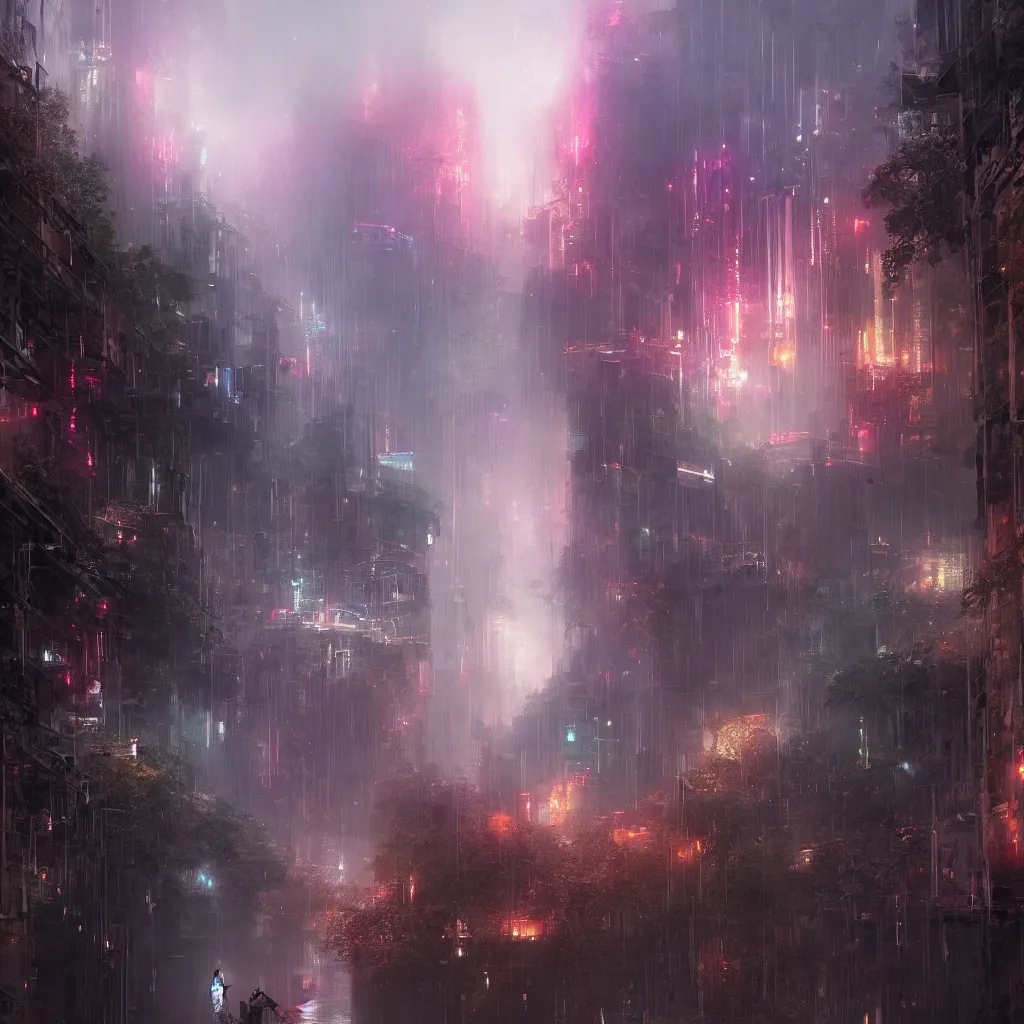 Image similar to ta ha, volumetric lighting, highly detailed, by greg rutkowski, complementing colors, god looking at me, heavy rainy, lofty heavens, water reflection, flowers, hyper realistic, concept art, 8 k detail post - processing, cyberpunk style, arcane style