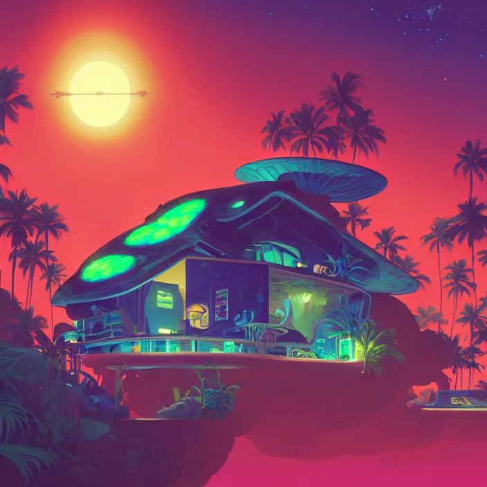 Image similar to a bioluminescent tropical cottage by paolo eleuteri serpieri and tomer hanuka and chesley bonestell and daniel merriam and tomokazu matsuyama, unreal engine, high resolution render, featured on artstation, octane, 8 k, highly intricate details, vivid colors, vector illustration