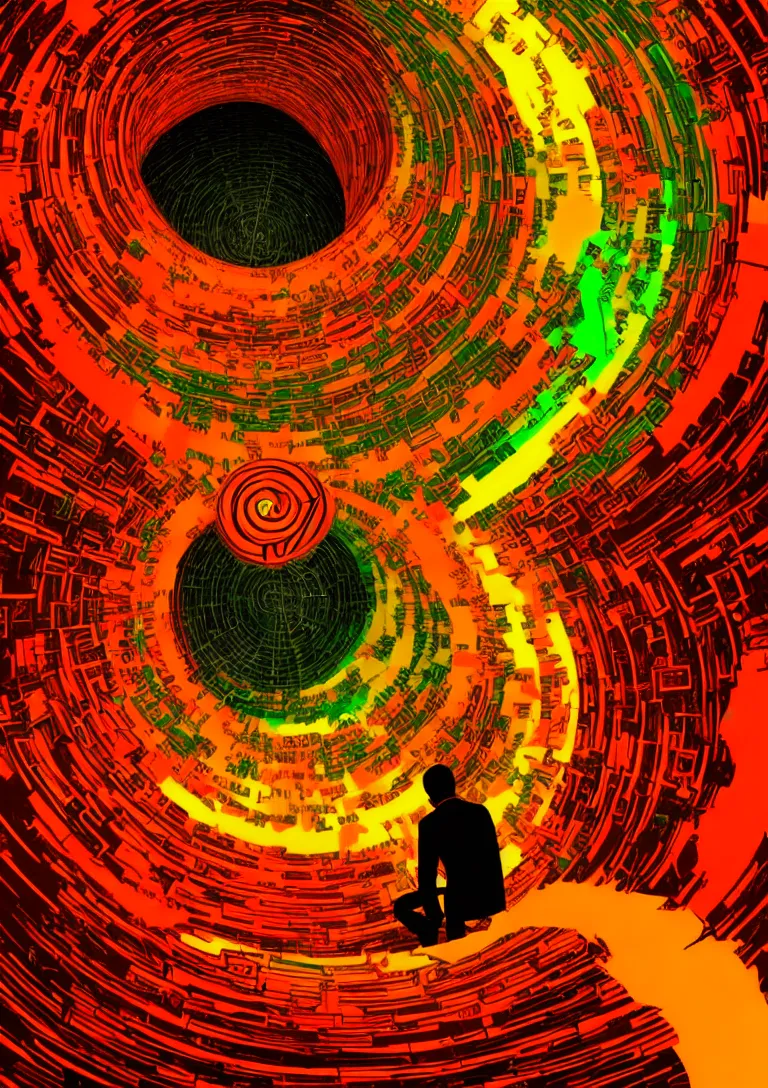 Prompt: Behind the troubled indecisive man was The portal into his imagination containing a swirling vortex of memories and ideas. High concept art. Introspective. Red orange yellow green themed.