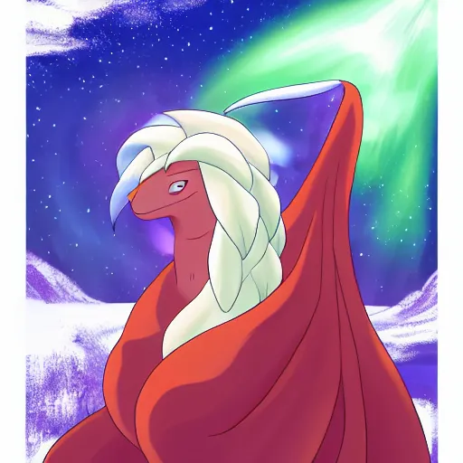 Prompt: Alolan Ninetales shiny, standing on an snowy hill with an aurora borealis in the night sky