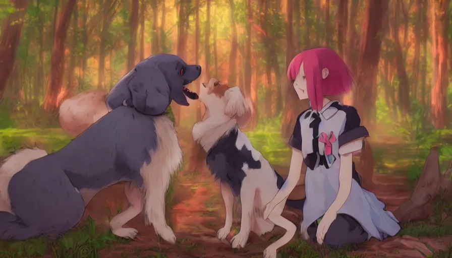 Image similar to Rem from Zero Two petting a dog in the forest. Beautiful anime lush forest background. Golden hour. Trending on art station