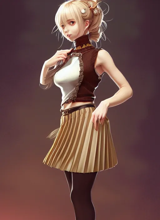 Image similar to portrait of a full body of beautiful young female detective, d & d, sleeveless turtleneck, pleated skirt, fantasy, flat lighting, intricate, highly detailed, digital painting, artstation, concept art, smooth, sharp focus, illustration, misa amane, art by simon bisley and greg rutkowski and alphonse mucha, natural tpose