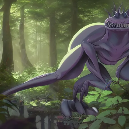 Prompt: concept art painting of an anthropomorphic purple gray anime reptile humanoid, in the deep forest, realistic, detailed, cel shaded, in the style of makoto shinkai and greg rutkowski and james gurney