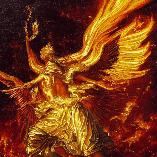 Image similar to firey archangel made of gold flying above a lake of fire, sparkling embers, renaissance oil painting