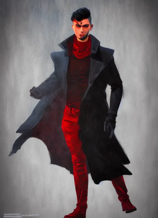 Image similar to An epic fantasy comic book style portrait painting of a young man with black cowlick haircut, wearing black overcoat, red clothes, blue jeans. Unreal 5, DAZ, hyperrealistic, octane render, cosplay, RPG portrait, dynamic lighting