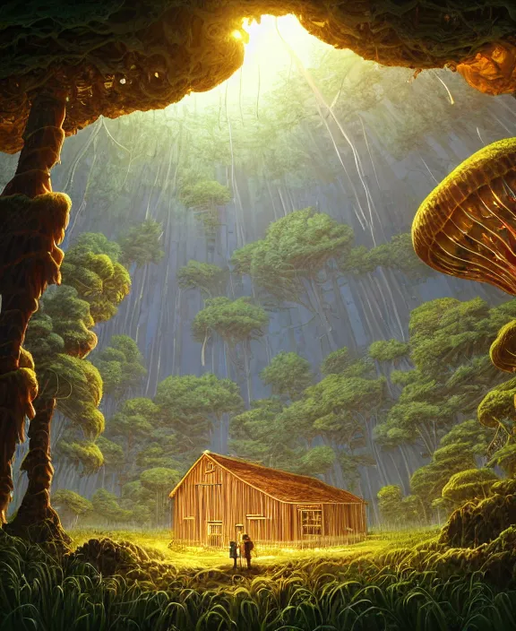 Image similar to a mammoth schoolhouse made from jellyfish, overgrown with huge exotic fungus, deep in the woods, noon, sun drenched, partly cloudy, by dan mumford, yusuke murata, makoto shinkai, ross tran, cinematic, unreal engine, cel shaded, featured on artstation, pixiv