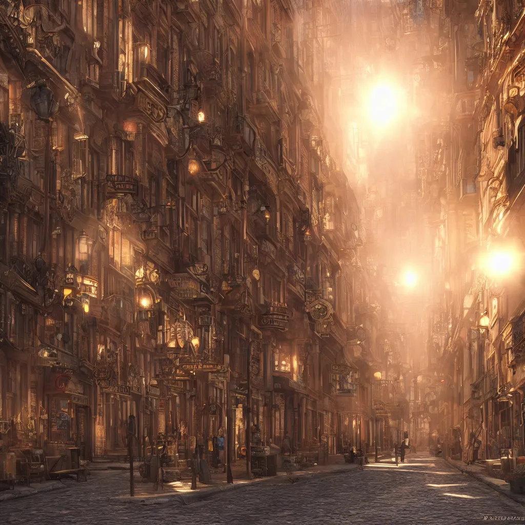 Image similar to photorealistic steampunk city streets. daylight. sunlight. lens flare. light fixtures. 8K. detailed. photorealism. artstation. 25mm f/1.7 ASPH Lens. ultra realistic