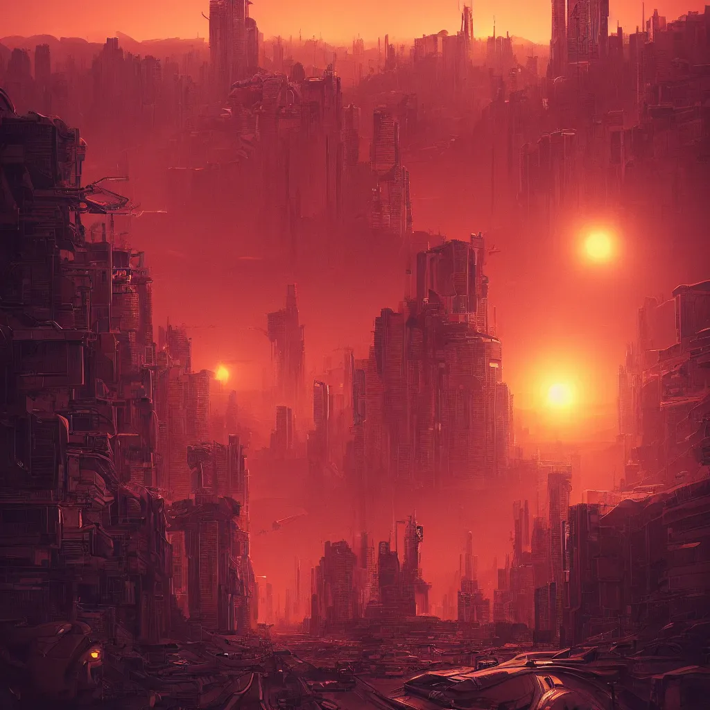 Image similar to the sun is setting over a city on mars, cyberpunk art by alena aenami, featured on deviantart, digital art, matte drawing, matte painting, speedpainting