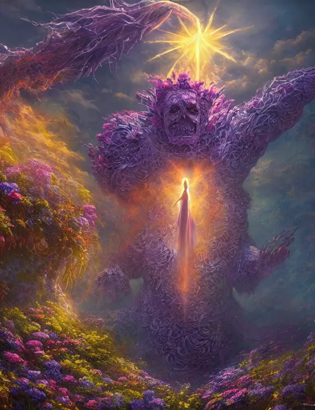 Image similar to A terrifying giant monster made of flowers, beautiful atmosphere, god rays, masterpiece digital painting by Alex Grey, Greg Rutkowski, 4k wallpaper