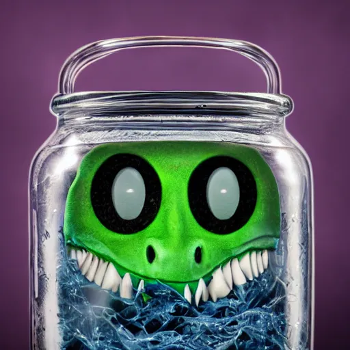 Prompt: Evil monster in a jar, product photography, studio lightning