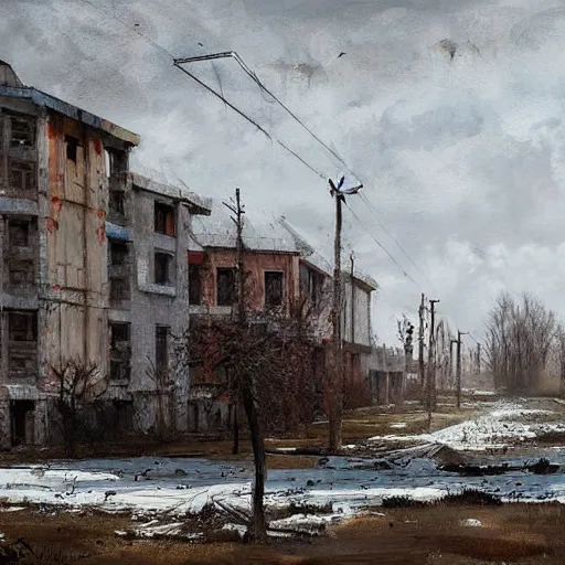 Image similar to painting of a abandoned post soviet town by jakub rozalski