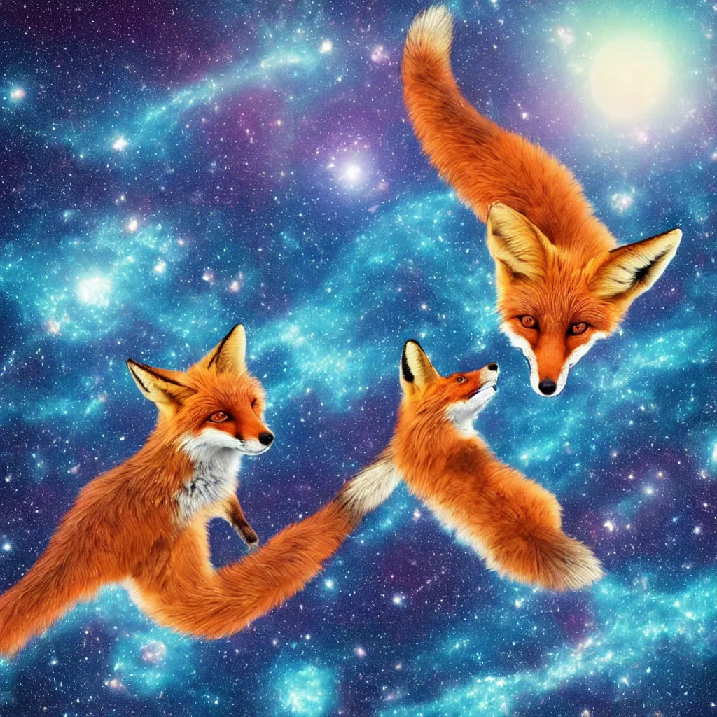 Prompt: a fox swimming in a lake in space staring up at a galaxy, realistic, colorful