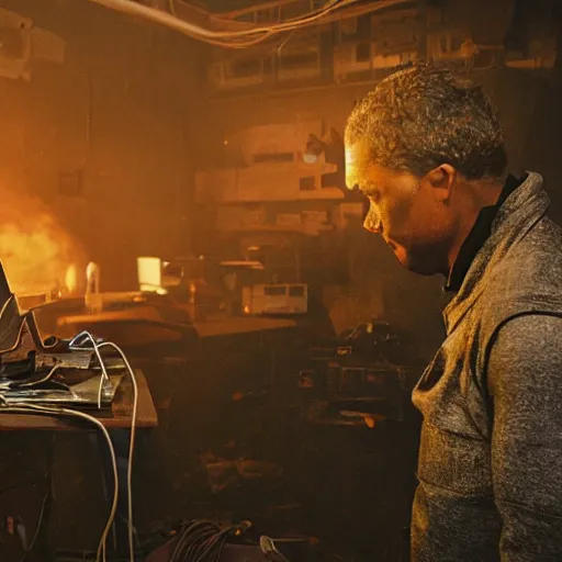 Image similar to augmented human repairing commodore 6 4, dark messy smoke - filled cluttered workshop, dark, dramatic lighting, orange tint, cinematic, highly detailed, sci - fi, futuristic, movie still from blade runner