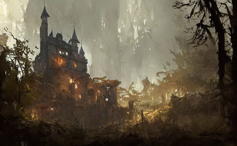 Prompt: painting of a castle in forest by greg rutkowski and Craig Mullins, Dark atmospheric and cinematic lighting