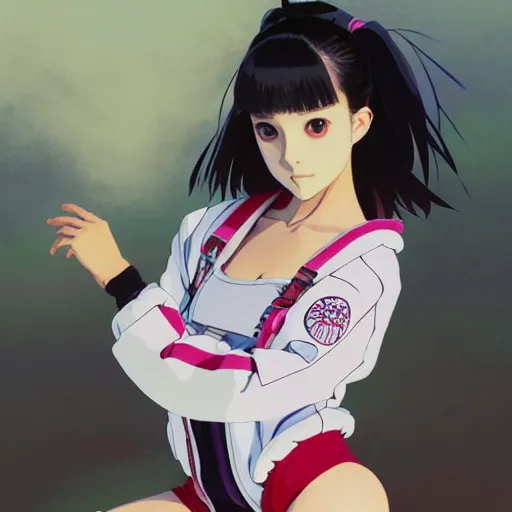 Image similar to a beautiful japanese natalie portman gravure model, wearing oversized native designer bomber jacket and leotard with overalls, bulky poofy bomber jacket with mesoamerican patterns, mesoamerican native street fashion, gapmoe yandere grimdark, trending on pixiv fanbox, painted by greg rutkowski makoto shinkai takashi takeuchi studio ghibli, akihiko yoshida