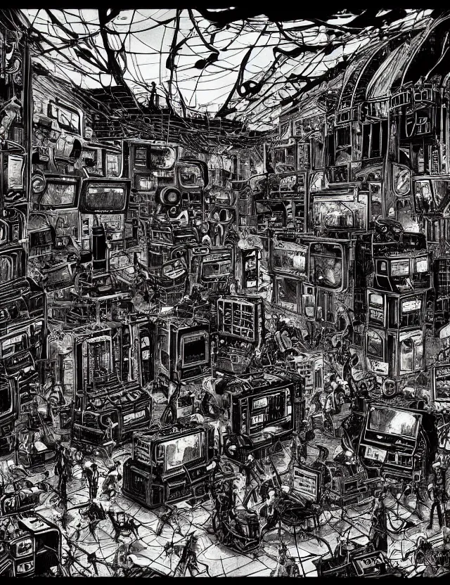 Prompt: “A nuclear explosion in the middle of room full of electronic steampunk equipment with lots of electric wires and large tv screens and voltage meters. Crowd dancing wildly. Artstation. Dark, highly detailed. In a style of Mike Savad.”