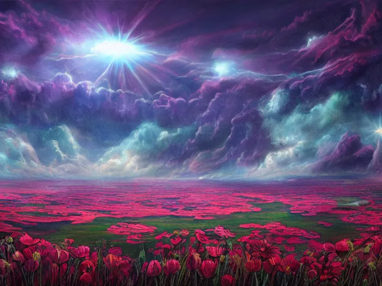 Image similar to a fine fantastic realist comic book style painting of a glorious place where the heavens open to the great cosmos, where flowers are launched into the unknown 8 k, ultra realistic, lens flare, atmosphere, glow, detailed, intricate, full of colour, cinematic lighting, trending on artstation, 4 k, hyperrealistic, focused, extreme details, unreal engine 5, cinematic, masterpiece