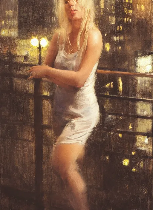 Image similar to painting of a beautiful blonde woman leaning over a balcony at night, looking down at the out of focus cityscape below, by Jeremy Mann, stylized, detailed, dark tones, emotional