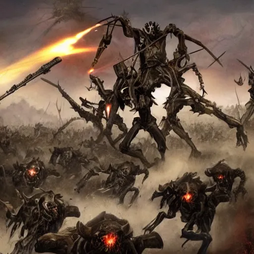 Prompt: demonic mechanised walker charging fleeing soldiers