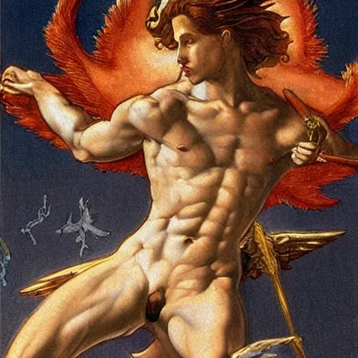 Image similar to Portrait stunning, breathtaking, awe-inspiring award-winning ground-breaking concept art nouveau painting of sophisticated portrayal of Lucifer, invincible and triumphant over the Heavens, with anxious, piercing eyes, exquisite and handsome wings, the morning star bright and splendor in the background, holding in his hands his flaming sword, by Michelangelo, cinematic, socialist realism, intricate detail, finely detailed, small details, extra detail, hyper detail, photorealistic, symmetrical, high resolution, 3D, PBR, path tracing, volumetric lighting, octane render, 8k, 3-point perspective, unreal engine 5,DAZ, octane render, dynamic lighting, IMAX quality, polished, photoshopped, high resolution , path tracing