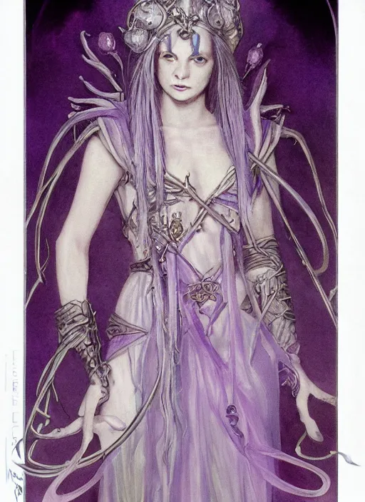 Image similar to portrait of young female prophetess of the endtimes, transluscent skin, silver filigreed armor, lavender hair, beautiful! coherent! dungeons and dragons character, by brian froud, strong line, cool night color, high contrast