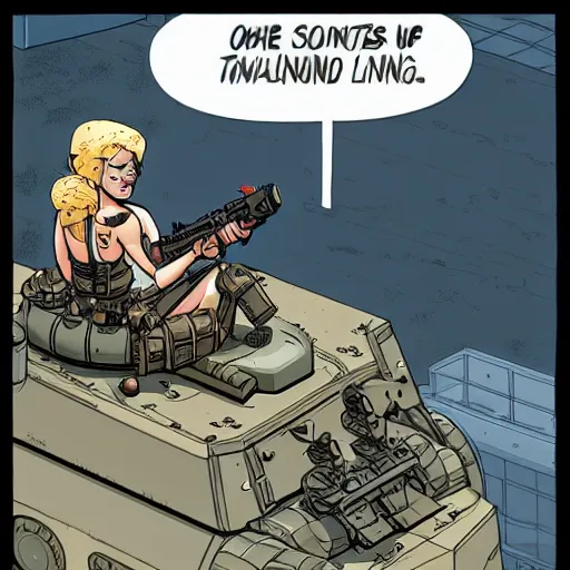 Image similar to tank girl sitting alone on top of the tank, holding a granite luncher. smiling. laurie greasley,