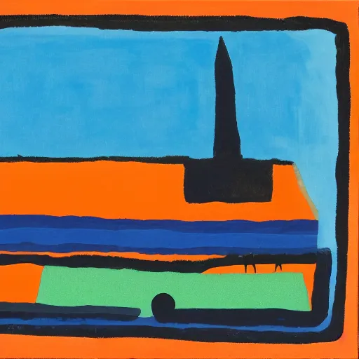 Prompt: fluorescent blue, dark orange by etel adnan daring. the land art shows four people sitting in a diner late at night. the people in the land art look tired & lonely. the land art is set in new york city & shows the city's skyline in the background.