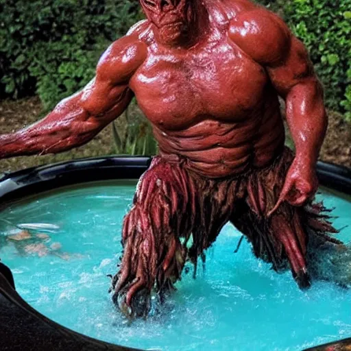 Prompt: a monster from predator in a hot tub