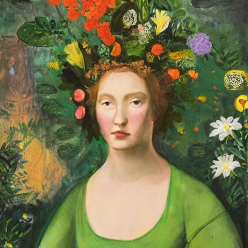 Prompt: portrait of the goddess of nature dressed in a green dress surrounded by flowers and nature