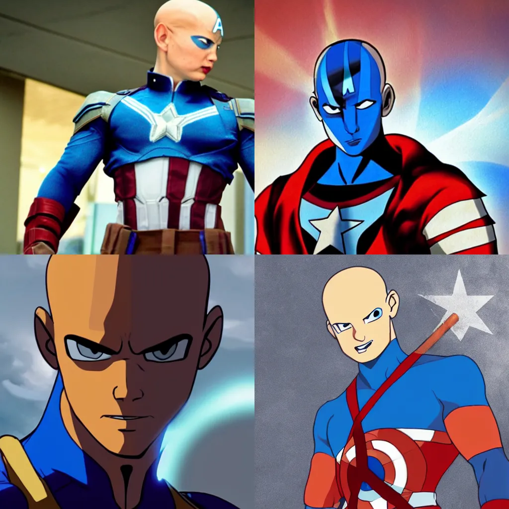Prompt: avatar aang as captain America, blue arrow on head