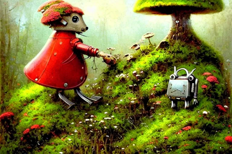 Image similar to adventurer ( ( ( ( ( 1 9 5 0 s retro future robot android mouse in forrest of giant mushrooms, moss and flowers stone bridge. muted colors. ) ) ) ) ) by jean baptiste monge!!!!!!!!!!!!!!!!!!!!!!!!! chrome red