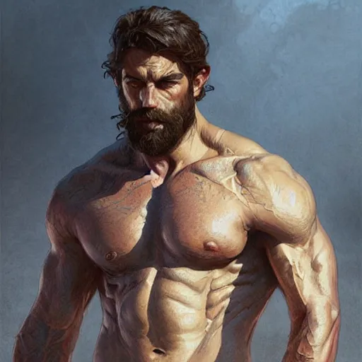 Image similar to portrait of a rugged ranger, muscular, upper body, hairy torso, D&D, fantasy, intricate, elegant, highly detailed, digital painting, artstation, concept art, matte, sharp focus, illustration, art by Artgerm and Greg Rutkowski and Alphonse Mucha