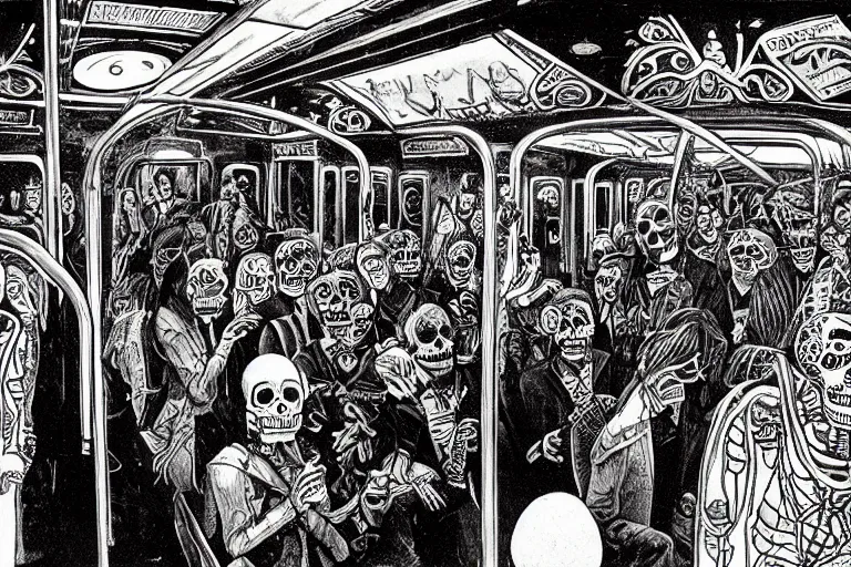 Prompt: scene from interior of a subway car, lunch, day of all the dead, skeletons, artwork by jean giraud