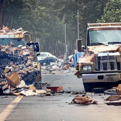 Prompt: a truck with a wedge demolishing everything on road