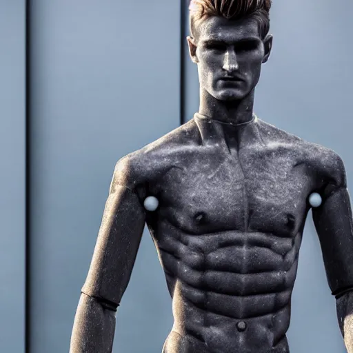 Image similar to a realistic detailed photo of a guy who is an attractive humanoid who is half robot and half humanoid, who is a male android, soccer player timo werner, shiny skin, posing like a statue, blank stare, by the pool, on display, showing off his muscles, humanoid robot, frozen ice statue, made of ice