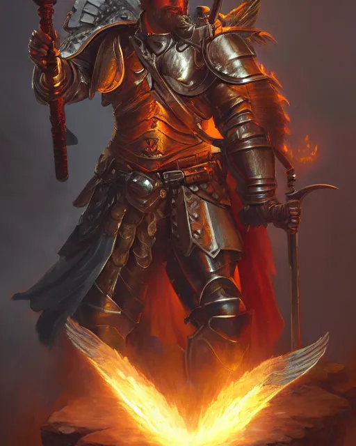 Prompt: character portrait of a brawny male warrior angel of justice, wearing shining armor, wielding a flaming sword and holding a heater shield, by peter mohrbacher, mark brooks, jim burns, wadim kashin, greg rutkowski, larry elmore, trending on artstation
