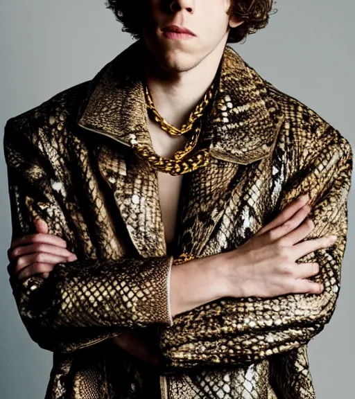 Image similar to detailed attractive characther portrait of jesse eisenberg wearing oversized snake skin jacket and golden chain, realistic, wide angle, dramatic light 8 k