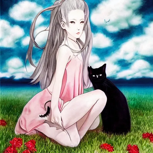 Image similar to young vampire and her black cat Portrait by Miho Hirano, full body ,manga, realistic, detailed, white, light pink tonalities, beautiful collage technique including clouds, sea, wind, ornate sea background, beautiful Fantasy detailed trending on artstation, oil painting,Dramatic lighting, eterea , high quality print, fine art with subtle redshift rendering