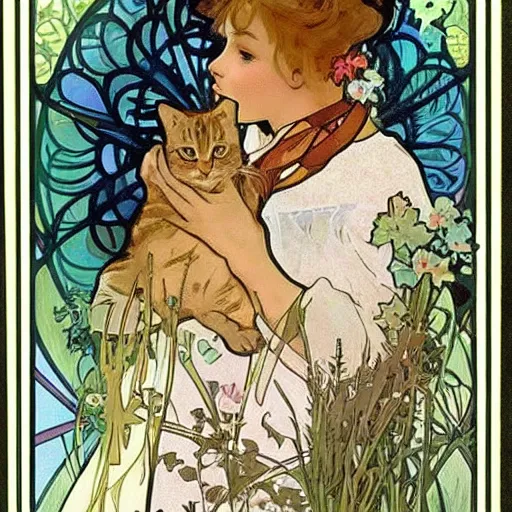 Prompt: a cute tabby cat sitting in a garden, beautiful illustration by alginate alphonse mucha