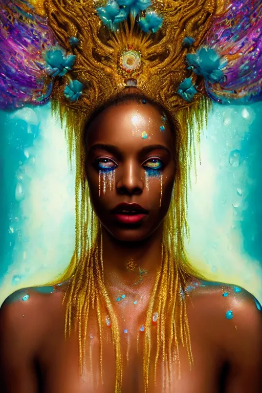 Prompt: hyperrealistic post - symbolist cinematic very beautiful! oshun goddess with white eyes, yoruba body paint, dripping mirror droplet armor, gold flowers, highly detailed digital art masterpiece, smooth etienne sandorfi eric zener dramatic pearlescent soft teal light, ground angle uhd 8 k, sharp focus
