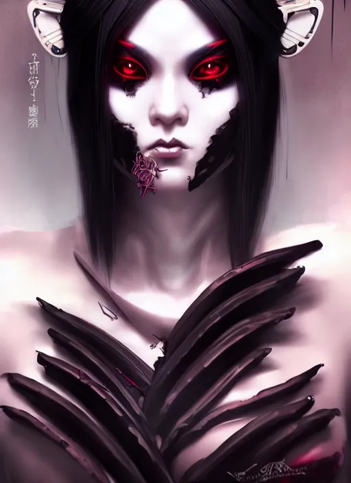 Image similar to soft lustrous ebony geisha seductive raver yakuza gothic cyborg, decay, underworld, dark fantasy, dark art, highly detailed, digital painting, octane render, artstation, concept art, smooth, sharp focus, illustration, art by artgerm, loish, wlop