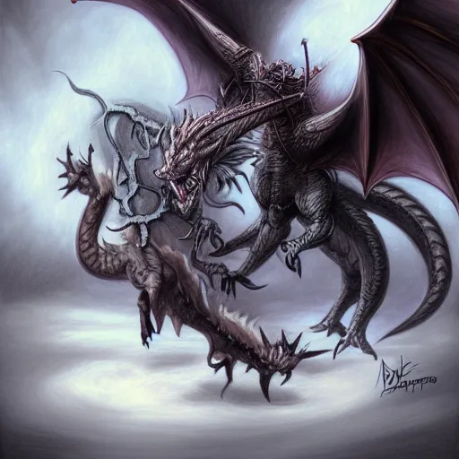 Image similar to a drawing of a dragon and a demon fighting, an illustration of by Anne Stokes, deviantart, fantasy art, d&d, grotesque, polycount