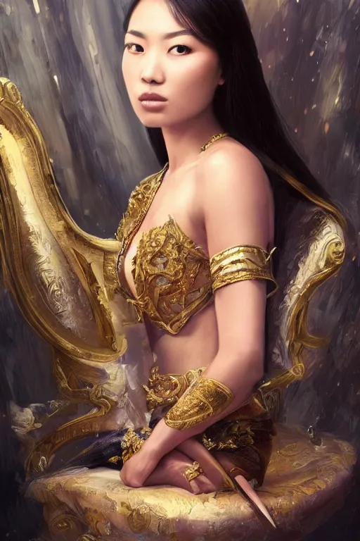 Prompt: portrait of a beautiful young asian woman with shoulder length hair and strong facial bone structure, queen and ruler of the universe, sitting on her throne, men kneeling at her feet, painting by ross tran