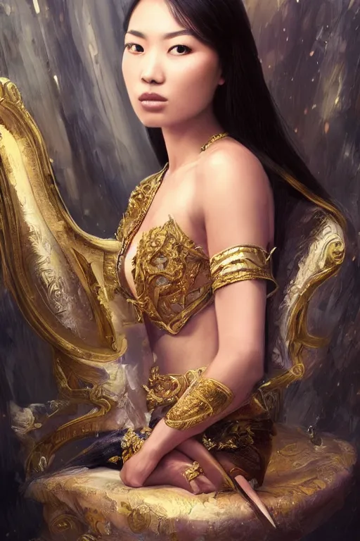 Image similar to portrait of a beautiful young asian woman with shoulder length hair and strong facial bone structure, queen and ruler of the universe, sitting on her throne, men kneeling at her feet, painting by ross tran