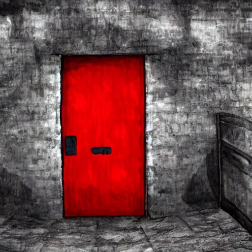 Prompt: a red door at the bottom of the ocean, ominous, deep, ethereal, dark, bubbles, marine life