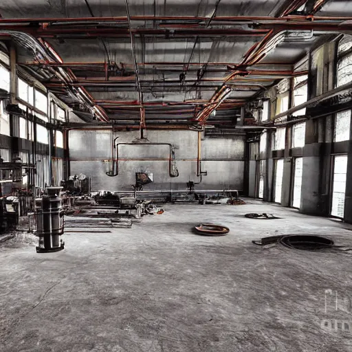 Image similar to an empty room with pipes and machinery, detailed color photograph, high quality